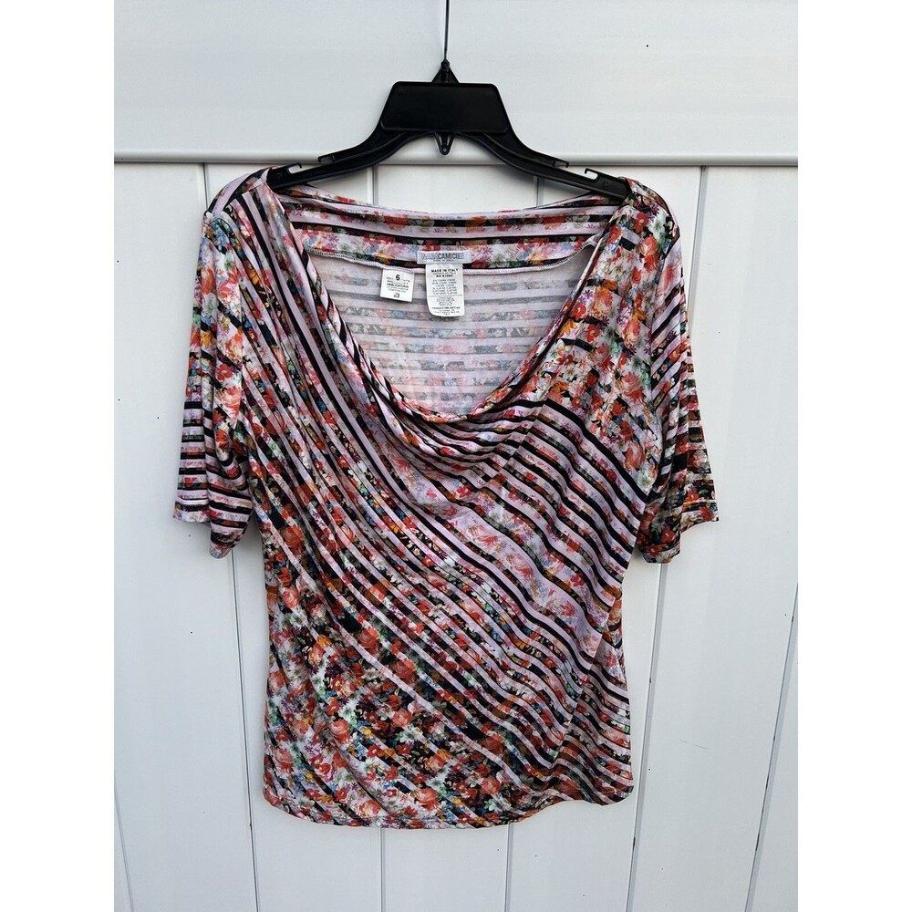 NaraCamicie Top Colorful Floral Drape Neck Short Sleeve Sz 6 Made In Italy
